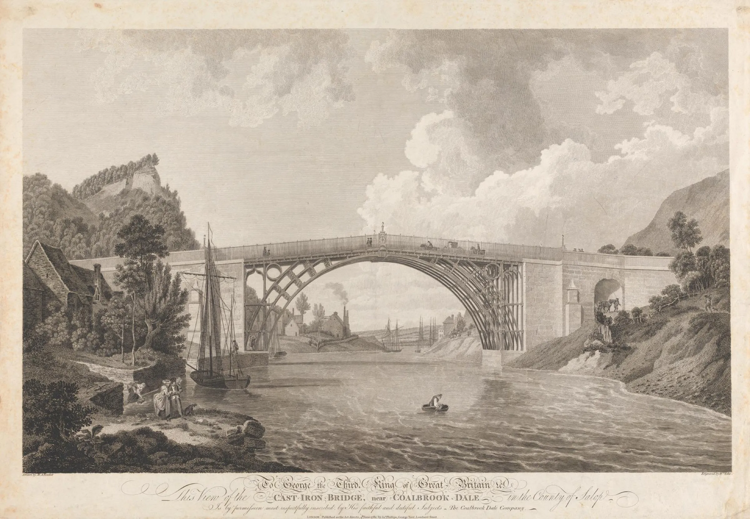 Engraving of the cast iron bridge over the River Severn at Coalbrookdale, 1782